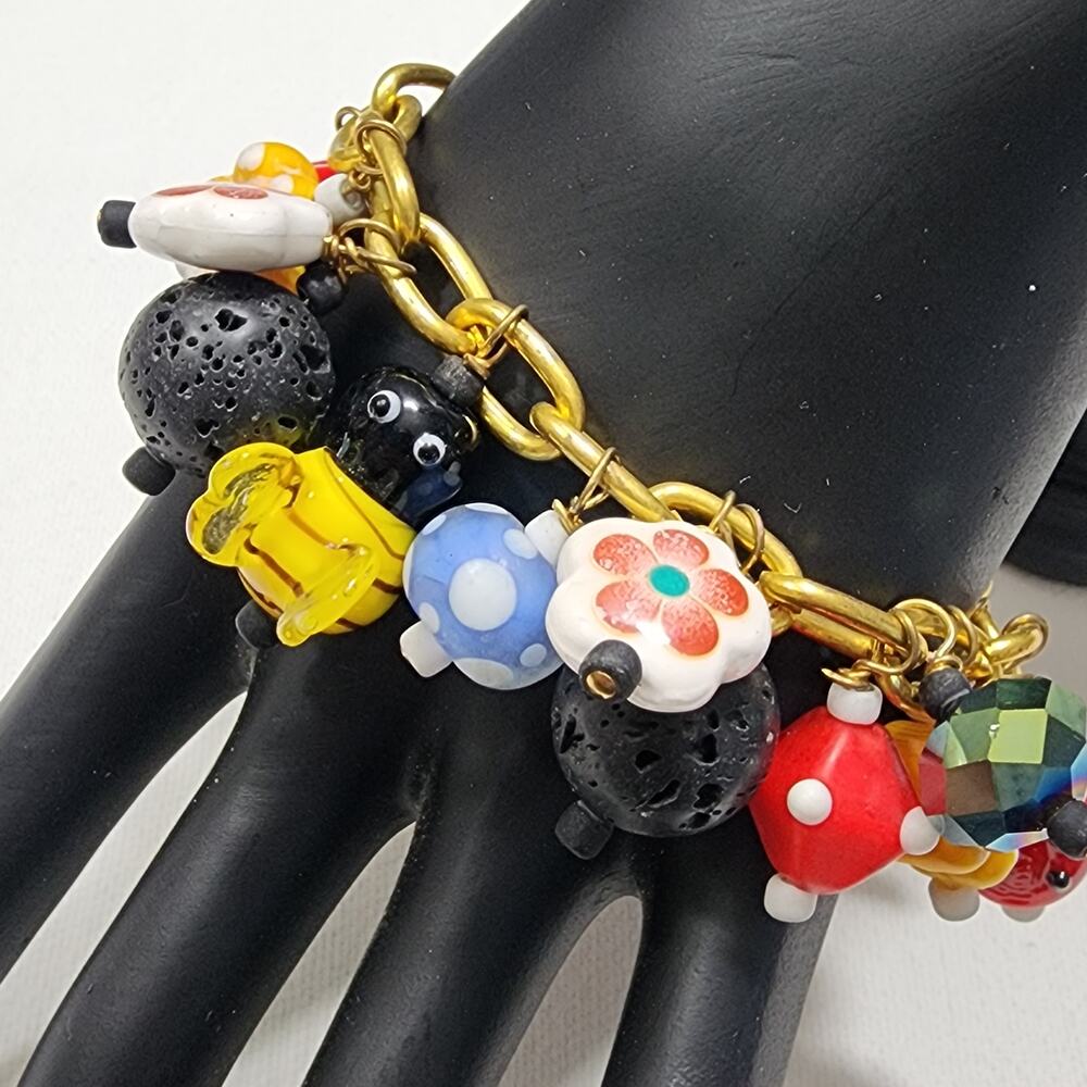 Lampwork Glass Bracelet Ladybug Bumblebee Floral Black Lava Stone Bead Handmade